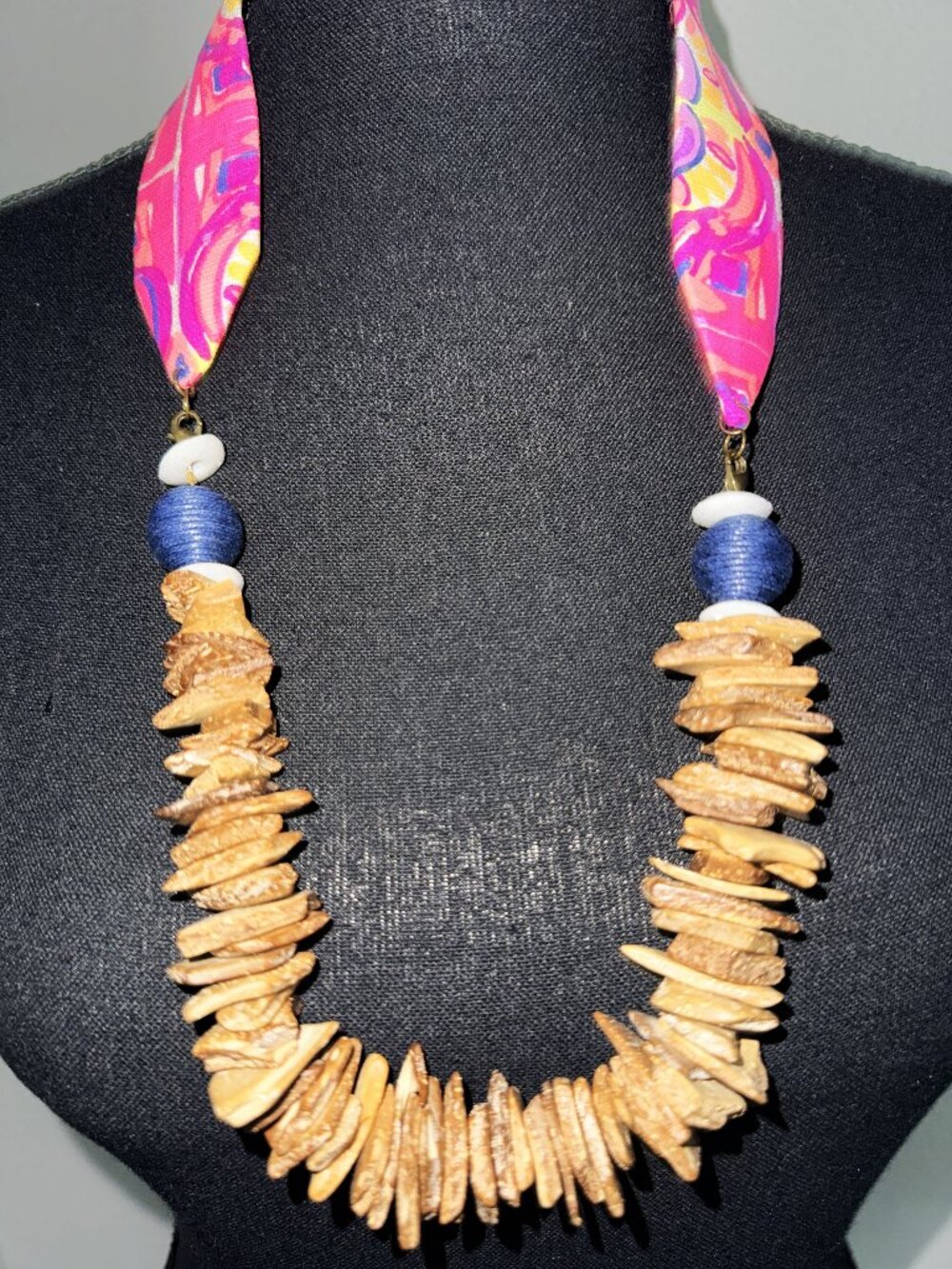 Wood "like " Necklace..Cloth w wood beads.